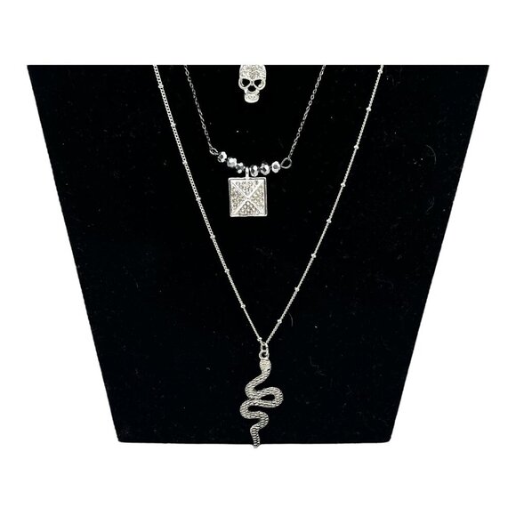 Target 3pc Layered Necklace Set With Skull Snake & Square Charms Silver Tone - Picture 8 of 15
